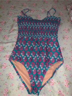 J Crew Smocked teal bandeau swimsuit size small